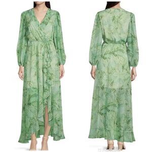 ALEX MARIE Green Tropical Print Chiffon Maxi Dress Long Sleeve Size 10 20W New